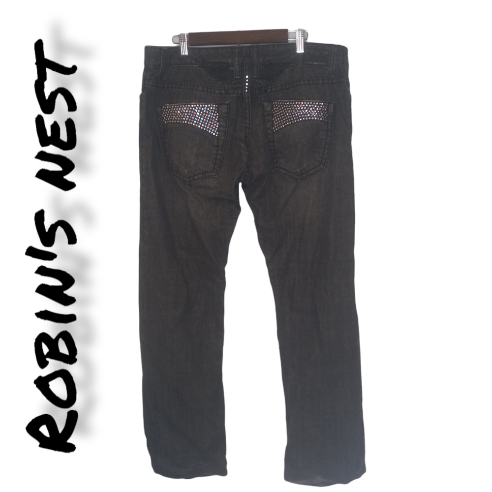 Robins Nest Women's Grey Denim Cotton Mid Rise Distressed Studded Jeans Pant 36